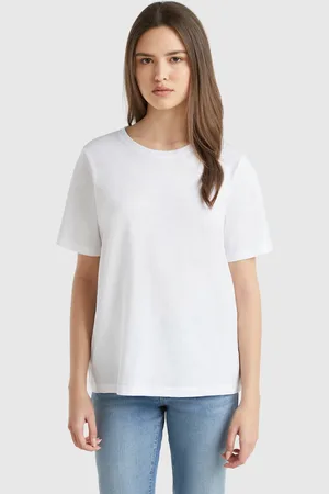 Benetton Crew Neck T-shirt In Slub Cotton, size L, , Women