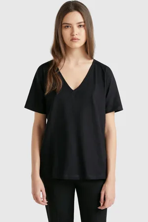 Benetton V-neck T-shirt In Slub Cotton, size L, , Women