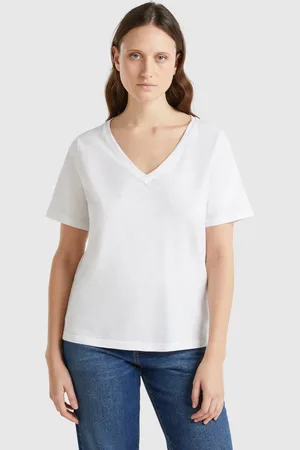 Benetton V-neck T-shirt In Slub Cotton, size L, , Women
