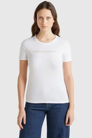 Benetton T-shirt In 100% Cotton With Glitter Print Logo, size L, , Women