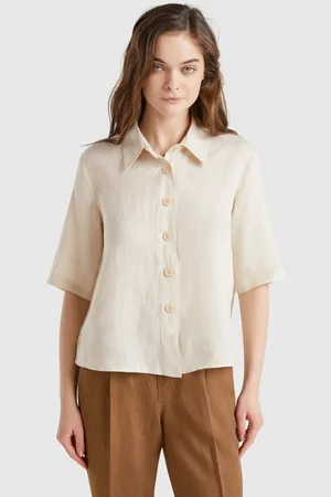 Benetton Short Shirt In Pure Linen, size L, , Women