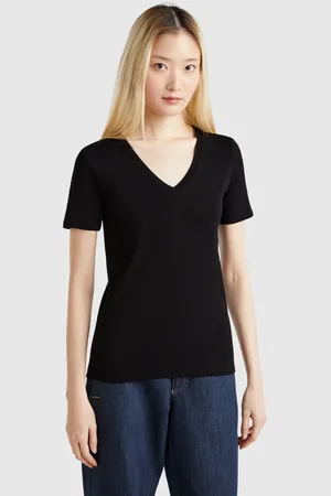 Benetton Pure Cotton T-shirt With V-neck, size L, , Women