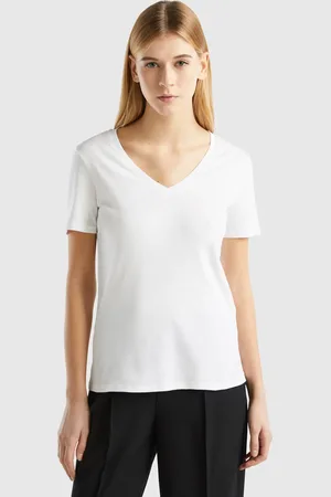 Benetton Pure Cotton T-shirt With V-neck, size L, , Women