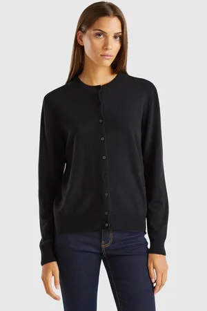 Benetton Crew Neck Cardigan In Pure Merino Wool, size L, , Women