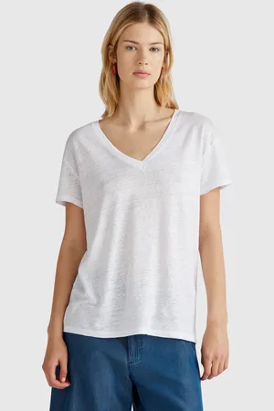 Benetton V-neck T-shirt In Pure Linen, size L, , Women