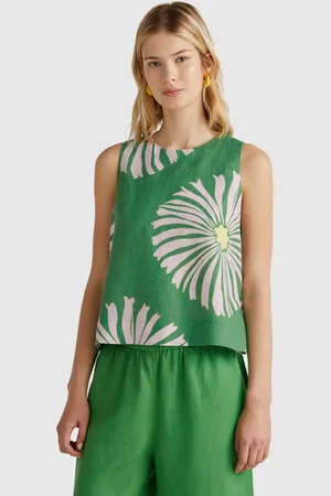 Benetton Printed Dress In Pure Linen, size L, , Women