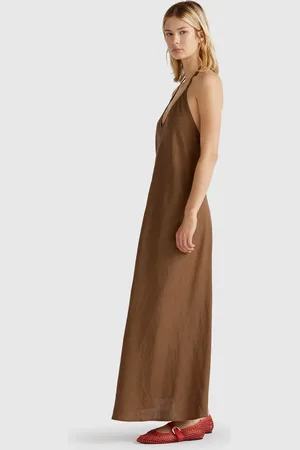 Benetton Long Dress In Pure Linen, size L, , Women
