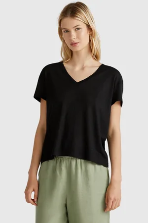 Benetton V-neck T-shirt In Pure Linen, size L, , Women