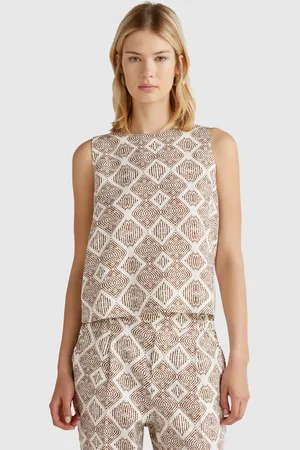 Benetton Printed Dress In Pure Linen, size L, , Women