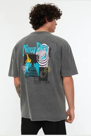 Trendyol Anthracite Oversize/Wide Cut Crew Neck Short Sleeve Acid Wash Printed T-Shirt