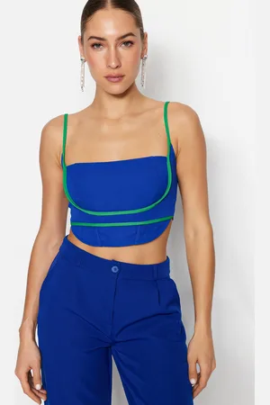 Trendyol Modro-zelený crop top s tkaným lemem