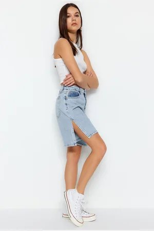 Trendyol Light Blue Slit High Waist Denim Shorts