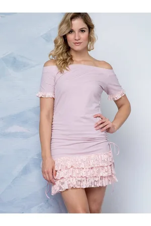 Lemonada Lemonade dress decorated with carmen neckline and lace frills pink
