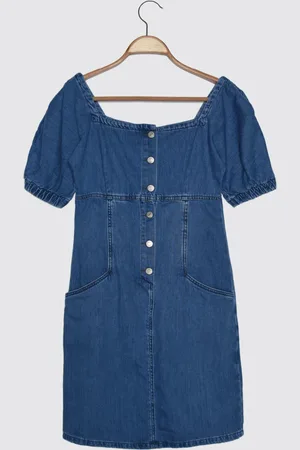Trendyol Front Button Denim Dress WITH Blue Balloon Sleeves