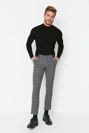 Trendyol Antracitové pánské slim fit chino kalhoty s kapsami a kostkovaným vzorem