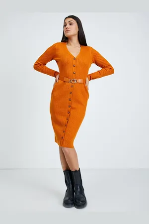 Guess Oranžové pouzdrové svetrové šaty Lena - Dámské