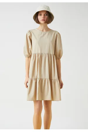 Koton Mini Poplin Dress Balloon Sleeve Flounce Crew Neck Cotton