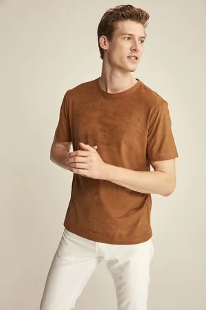 Grimelange ENZO Pánské hnědé semišové tričko Basic Slim Fit