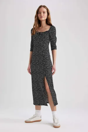 DeFacto Regular Fit Heart Neck Vzorovaný rozparek Krátký rukáv Midi šaty