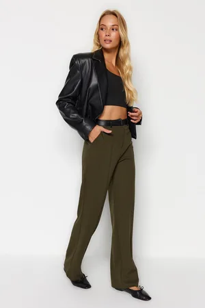 Trendyol Khaki pas umělá kůže detailní texturovaná tkanina s vysokým pasem rovný střih pletené kalhoty