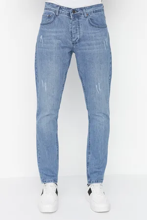 Trendyol Světle modré pružné látkové slim fit džíny s roztrhaným vzhledem