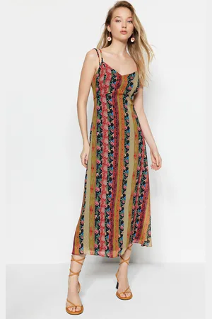 Trendyol Multicolored Patterned A-Cut Strap Midi Lined Woven Dress