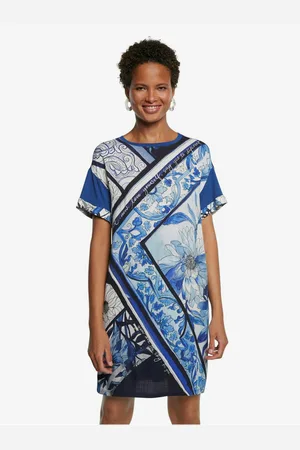 Desigual Modré květované šaty Vest Solimar - Dámské