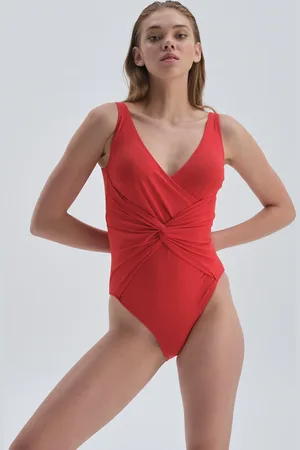 Dagi Red V-Neck Compressing Draped Swimsuit