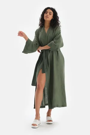 Dagi Zelené lněné dlouhé kimono