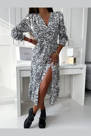 Fasardi Módní studiové midi šaty s leopardím potiskem rozparku