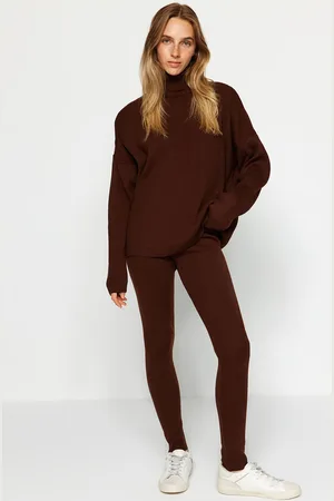 Trendyol Brown Wide Fit Turtleneck Knitwear Bottom-Top Set