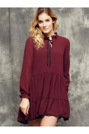 Cocomore Boutiqe dress with stand-up collar and ruffles burgundy