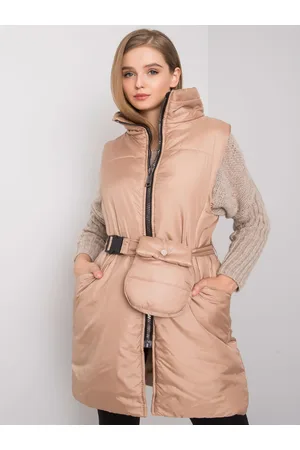 Fashionhunters Tmavě béžová péřová vesta