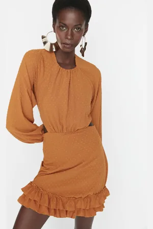 Trendyol Brown Back Detailed Evening Dress with Frills