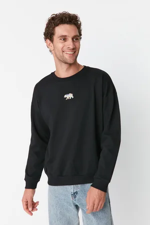 Trendyol Pánská Oversize / Wide-Fit Fit Posádka Krk Zvířecí výšivka Fleecová mikina