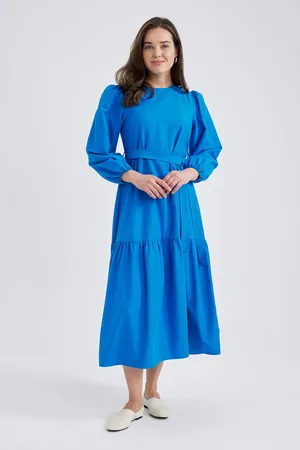 DeFacto Crew Neck Tie Waist Detailní popelínové maxi šaty s dlouhým rukávem