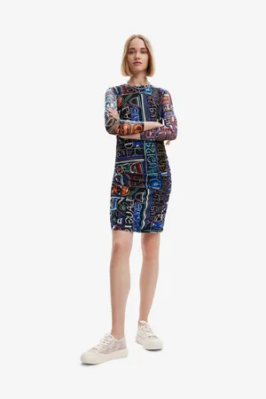 Desigual Modro-černé dámské vzorované pouzdrové minišaty Lettering - Dámské