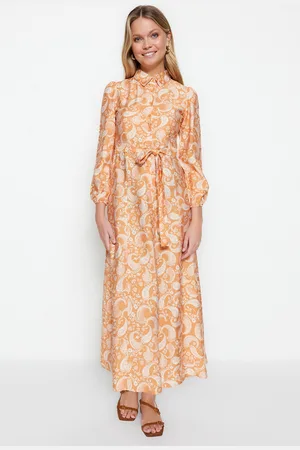 Trendyol Orange Belted Shawl Patterned Woven Shirt Dress