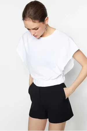 Trendyol White 100% Cotton Raglan Sleeve Crop Crew Neck Knitted T-Shirt
