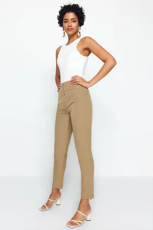 Trendyol Hnědé cigaretové skinny tkané kalhoty s prošíváním v pase