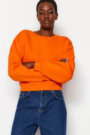 Trendyol Orange Relaxed Cut Crop Basic Crew Neck Thick Fleece Inside Knitted Sweatshirt