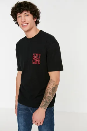 Trendyol Black Oversize/Wide Cut Text Printed 100% Cotton T-Shirt
