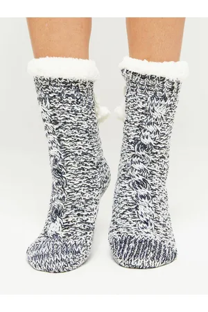 Yups Socks decorated with braid stitch and sequins navy blue