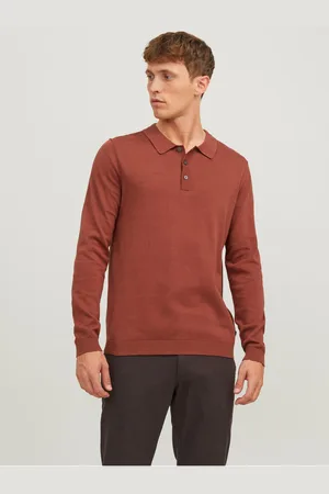 JACK & JONES Cihlové pánské úpletové polo tričko s dlouhým rukávem - Pánské