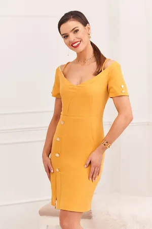 Fasardi Elegantní šaty s hořčičným carmen výstřihem