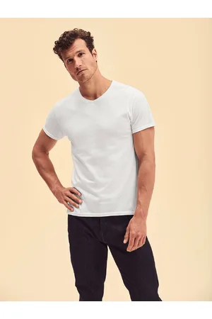 Fruit Of The Loom Biała koszulka męska Iconic V-Neck