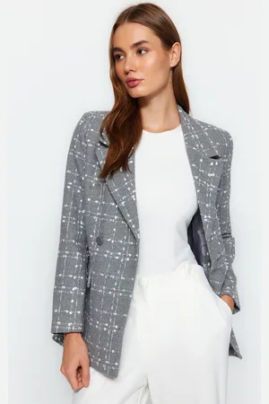 Trendyol Gray Oversize Woven Plaid Blazer Jacket