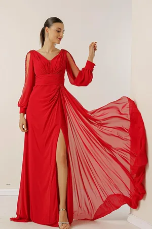 By Saygı V-Neck Přední přehozené podšité rukávy Tyl Guipure Detailní široké tělo Interval Šifon Dlouhé šaty