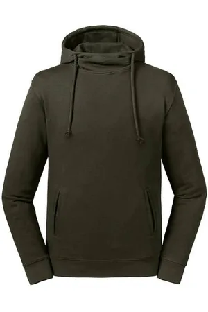 RUSSELL Olive Unisex Sweatshirt Pure Organic High Collar Hooded Sweat
