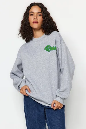 Trendyol šedý melírovaný silný fleecový vnitřek, vyšívaná oversized/široká pletená mikina